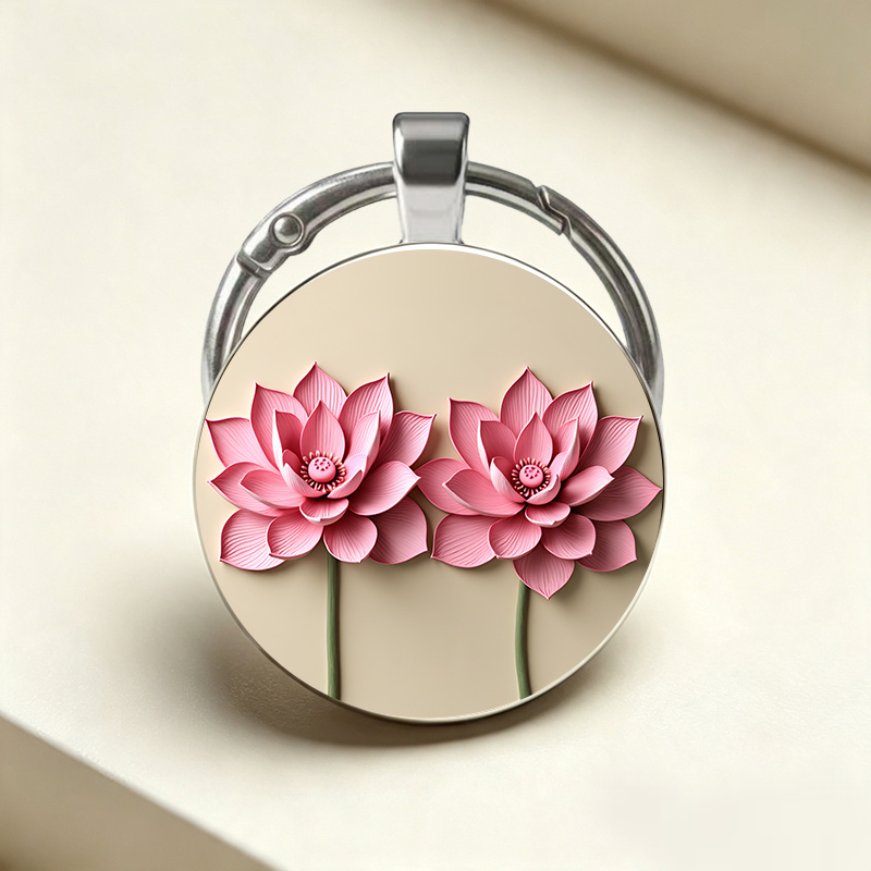 Double Pink Lotus Flowers Keychain with Realistic Pattern